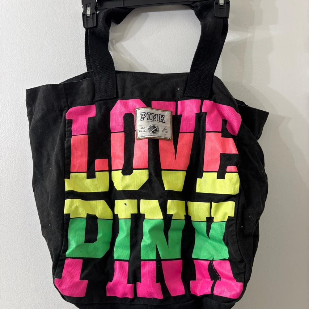 PINK Victoria's Secret Black Canvas Tote with Neon Accents